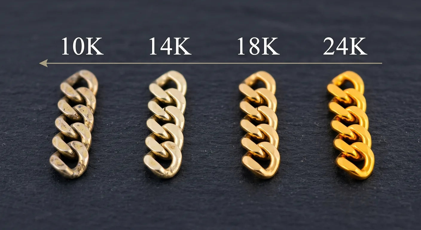 Gold chain tarnish risk by karat showing 10K through 24K with visible decrease in tarnish susceptibility as purity increases