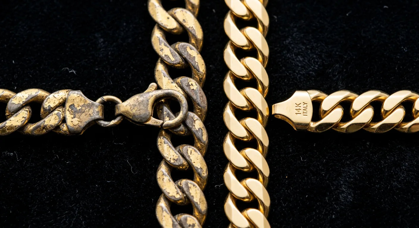 Gold-plated chain with peeling and base metal exposure versus solid gold chain maintaining perfect finish showing critical quality difference