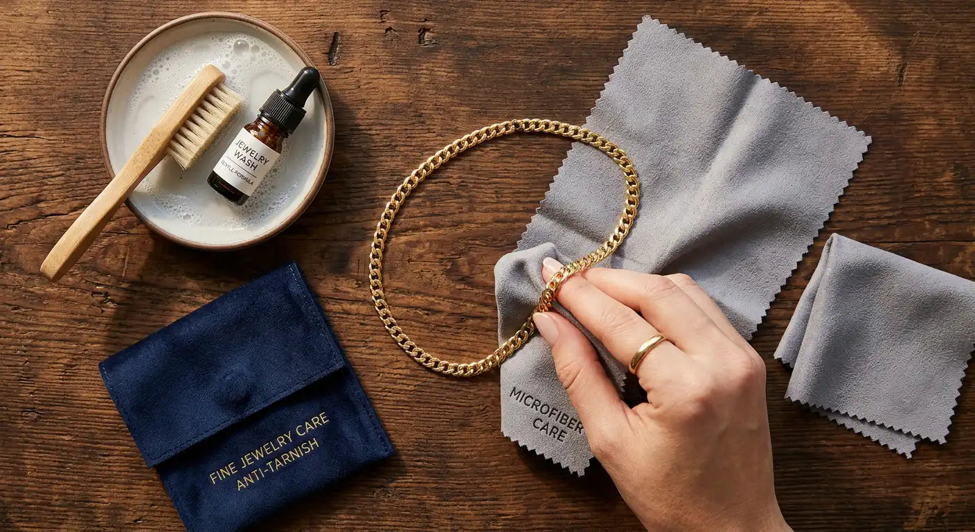 Gold jewelry care and tarnish prevention kit with anti-tarnish pouch, polishing cloth, mild soap, and gleaming gold chain