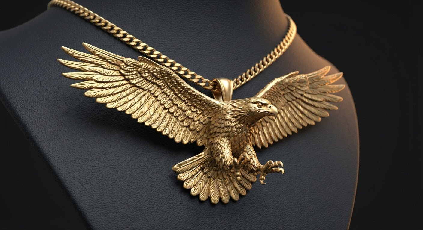 Three-dimensional cast 14K gold eagle pendant with detailed feather texture and dramatic lighting