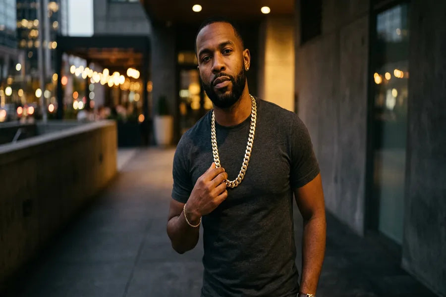 Man wearing a 30-inch solid gold Cuban link chain over a dark crew neck shirt, chain falling to mid-chest