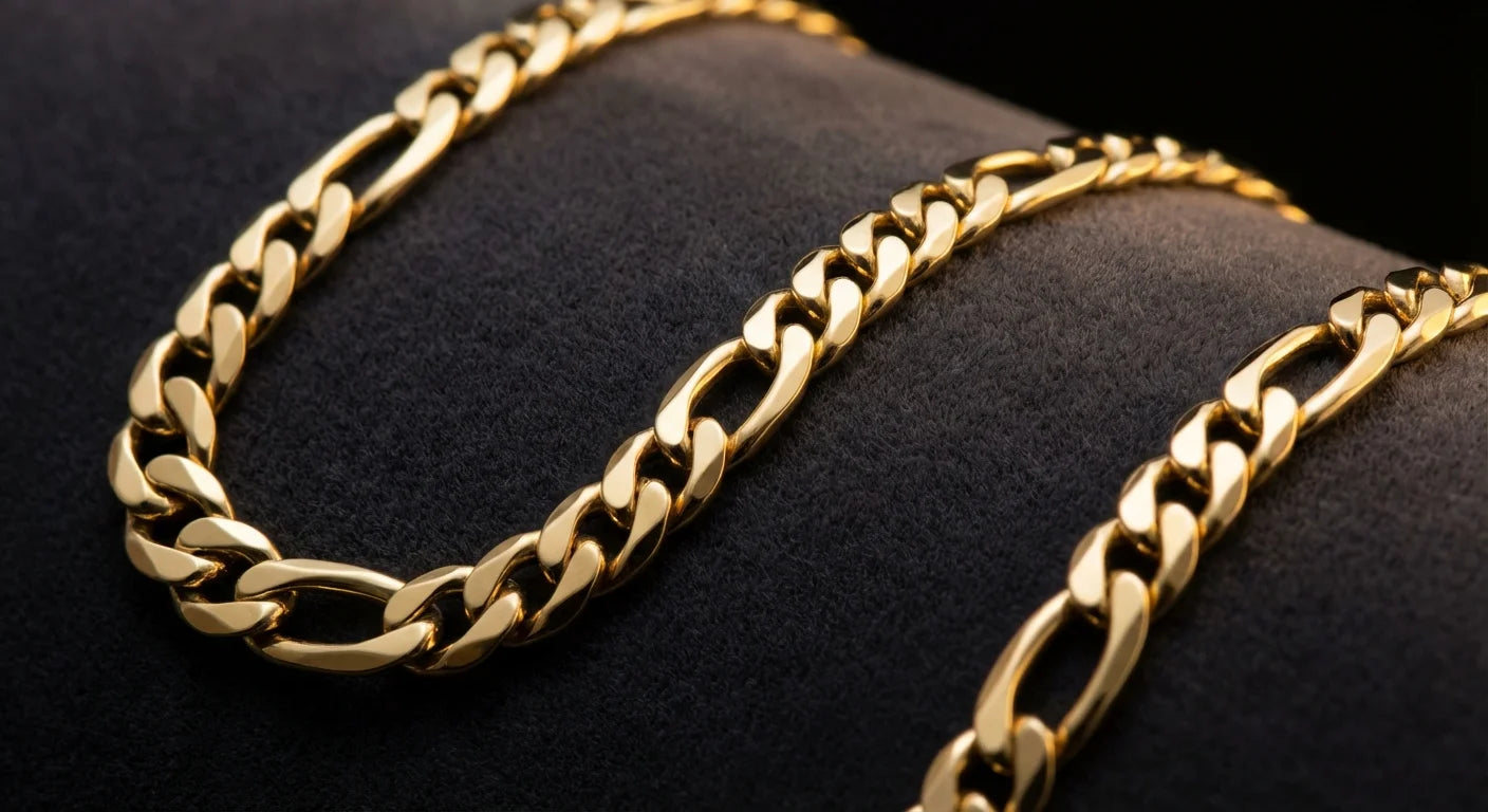 Close-up of a solid gold figaro chain showing the signature 3+1 alternating link pattern with three small oval links followed by one elongated link, high-polish 14K yellow gold finish