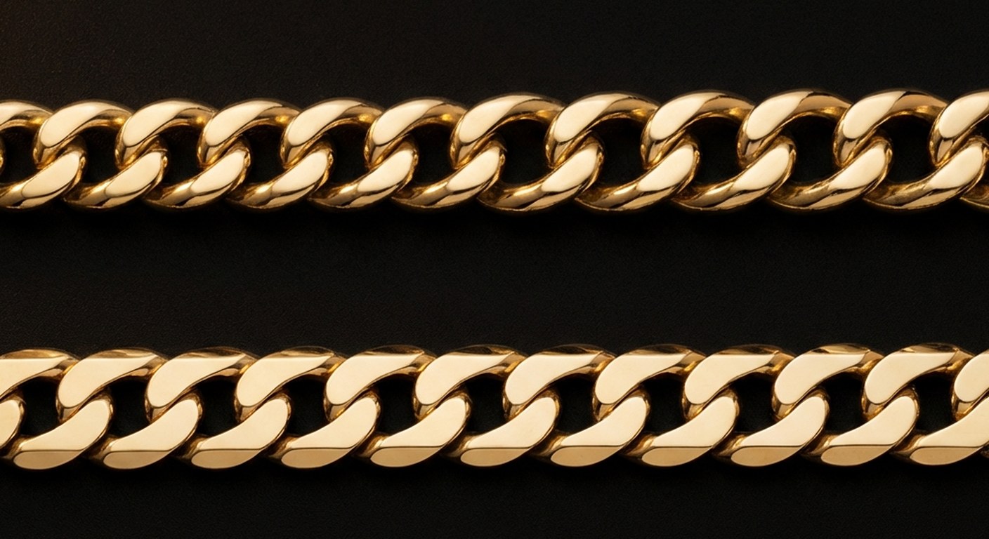 Comparison of flat curb chain with pressed flat links versus standard curb chain with twisted round links