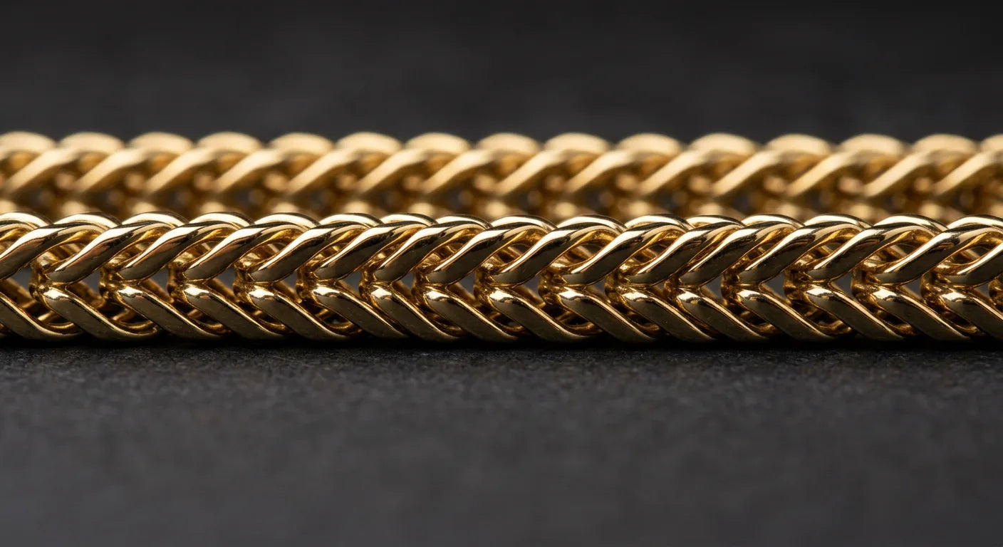 Extreme close-up of gold Franco chain showing distinctive V-shaped interlocking link pattern and dense rounded profile