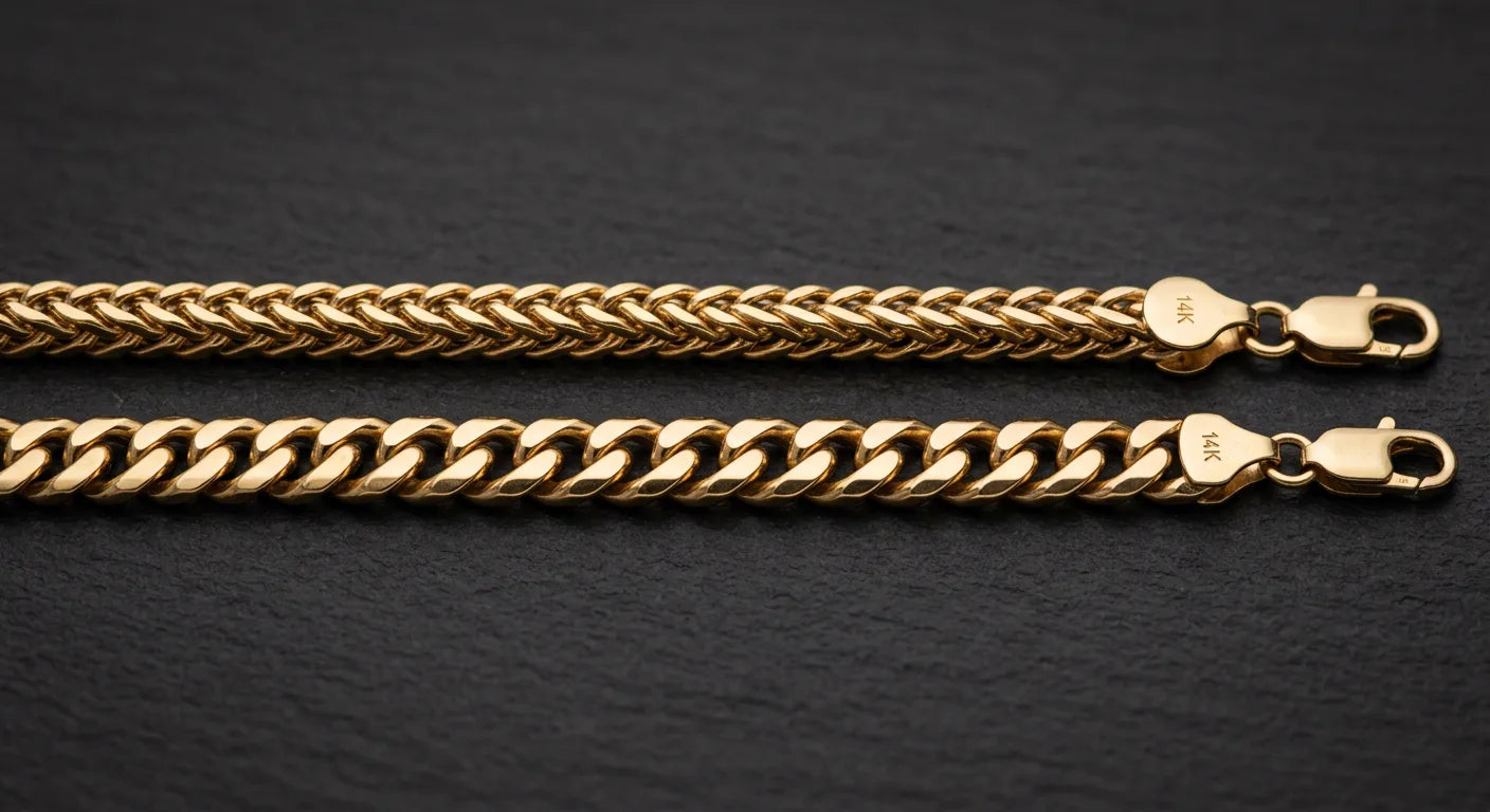 6mm Franco chain versus 6mm Cuban link chain side by side showing round V-link profile versus flat interlocking oval design