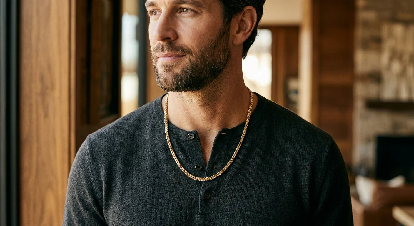 Man wearing 5mm gold Franco chain with dark henley shirt showing sophisticated and understated styling