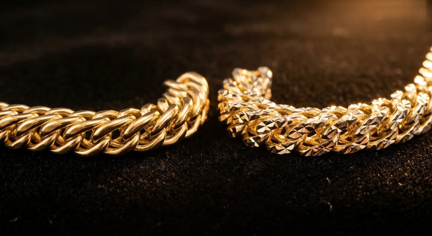 Regular polished Franco chain versus diamond-cut Franco chain showing enhanced light reflection and sparkle from faceted finish