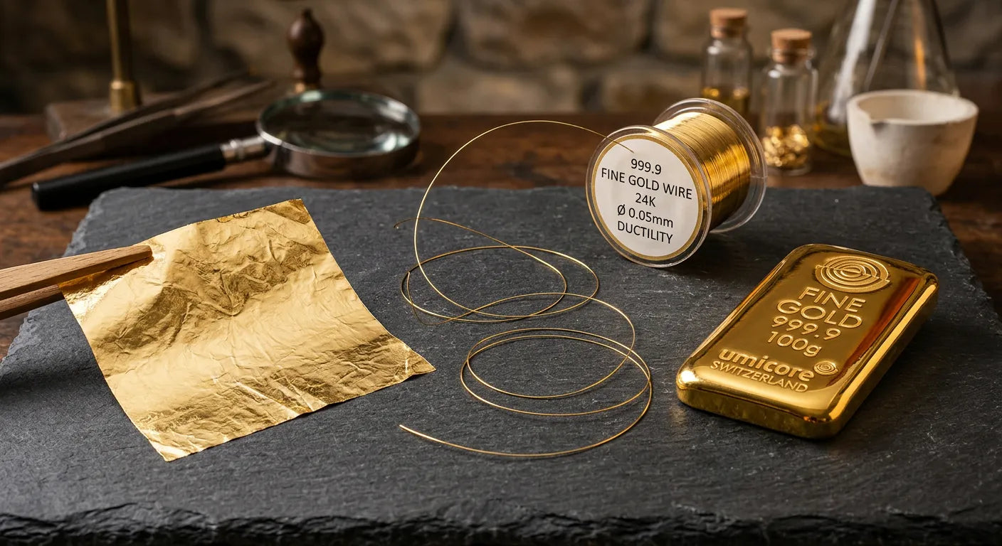 Gold physical properties demonstration showing hammered gold leaf for malleability, drawn wire for ductility, and polished bar for luster