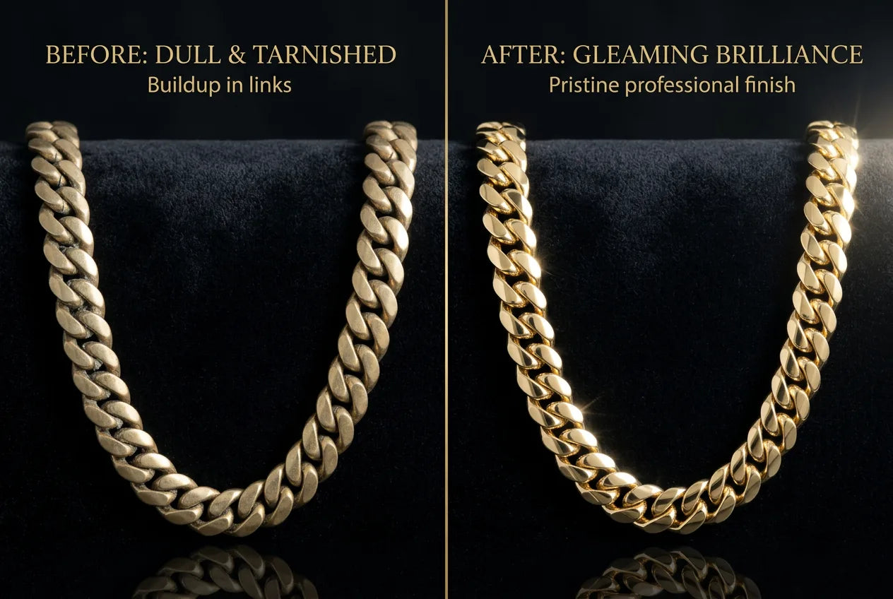 Before and after comparison of a 14K gold Cuban link chain showing dramatic improvement from professional cleaning