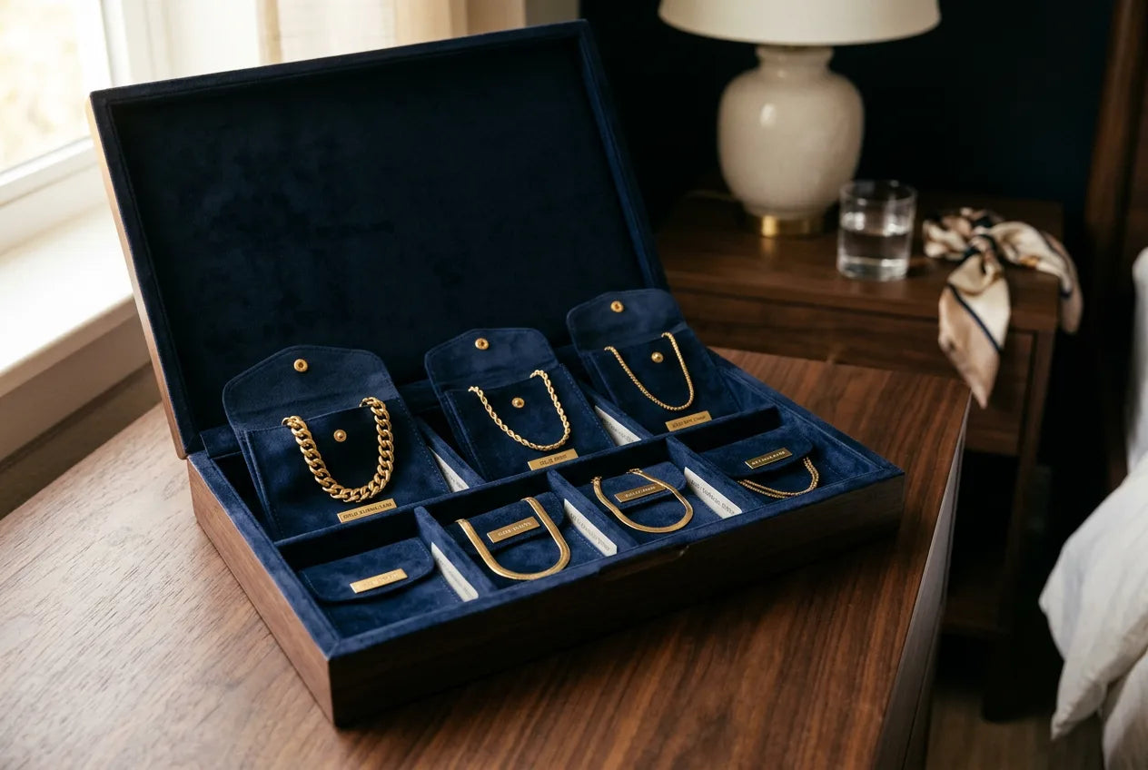 Proper gold jewelry storage in velvet-lined box with individual compartments for chains, preventing tangling and scratching