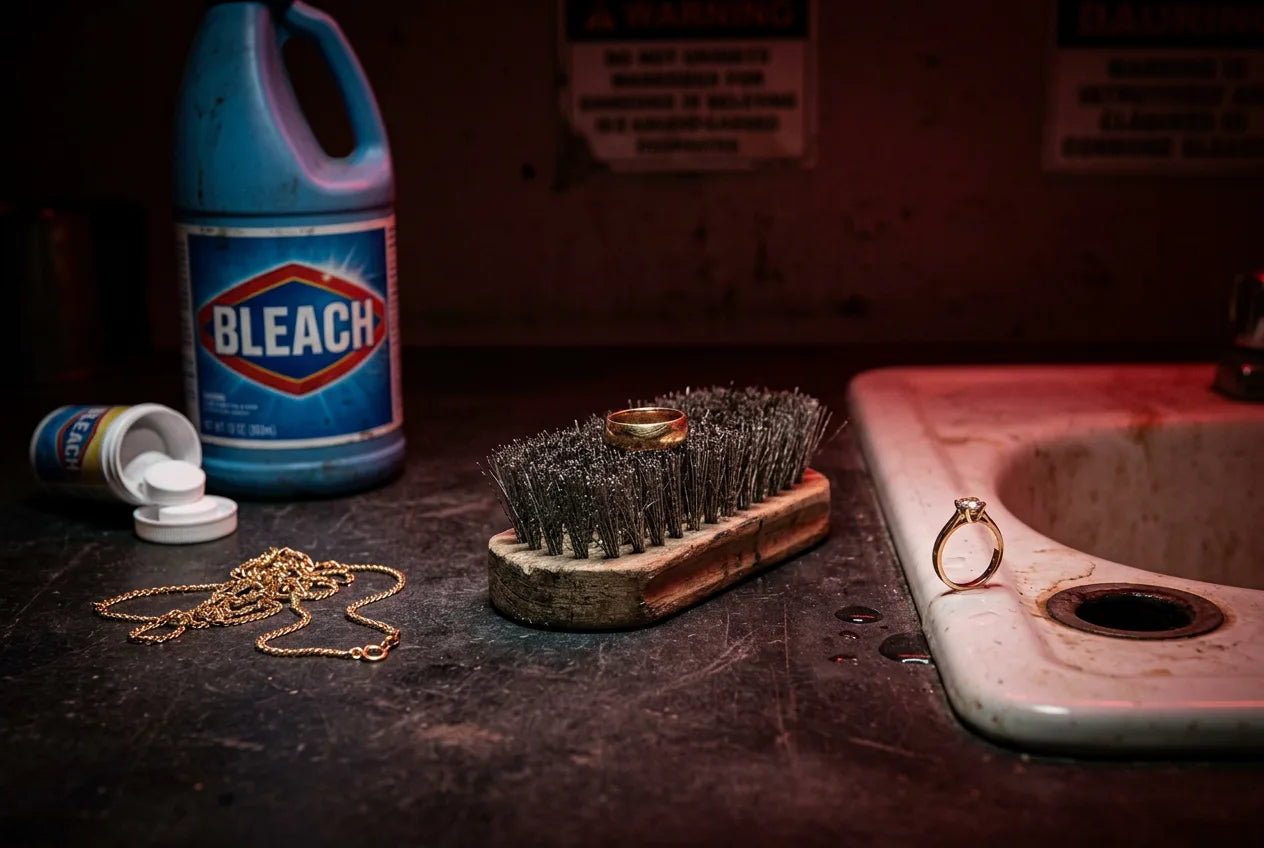 Common gold jewelry cleaning mistakes to avoid including harsh chemicals, abrasive brushes, and sink drains