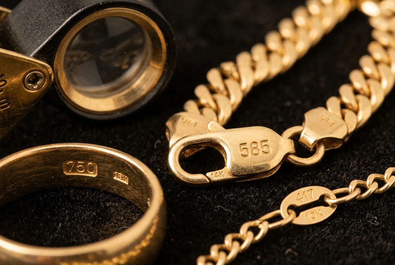 Close-up of gold jewelry hallmark stamps showing 585, 750, and 417 karat markings viewed through jeweler's loupe