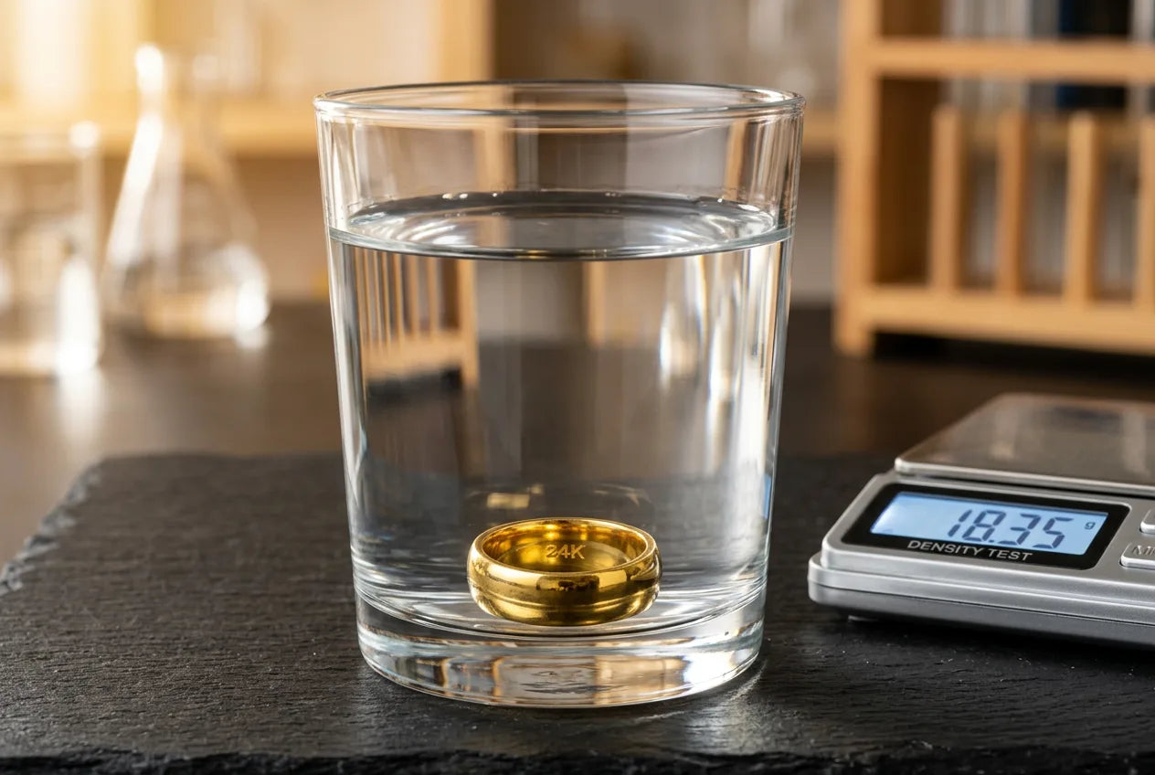 Gold density water test showing solid gold ring sinking to bottom of clear glass of water