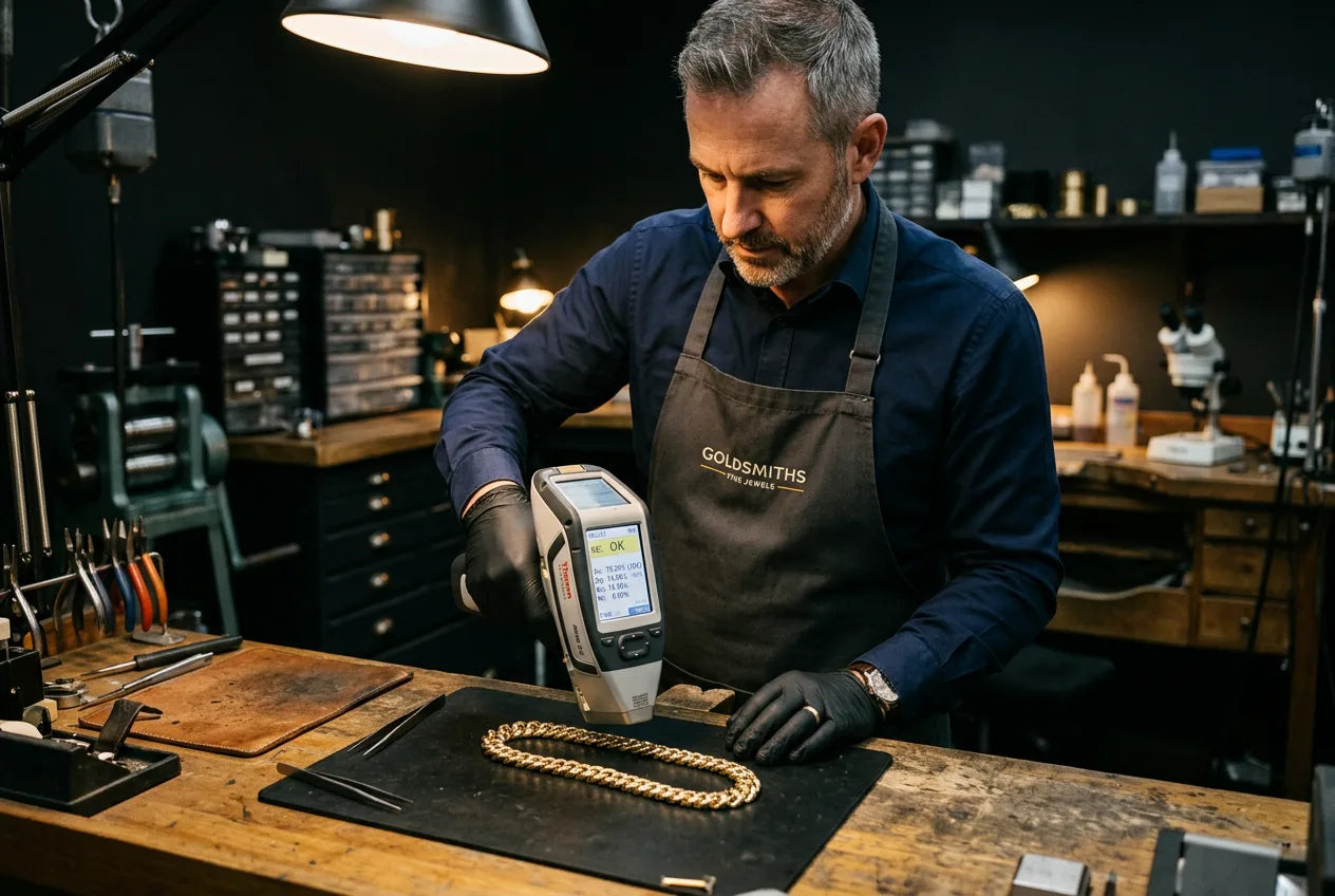 Professional jeweler testing gold purity with XRF analyzer showing composition readout for a Cuban link chain