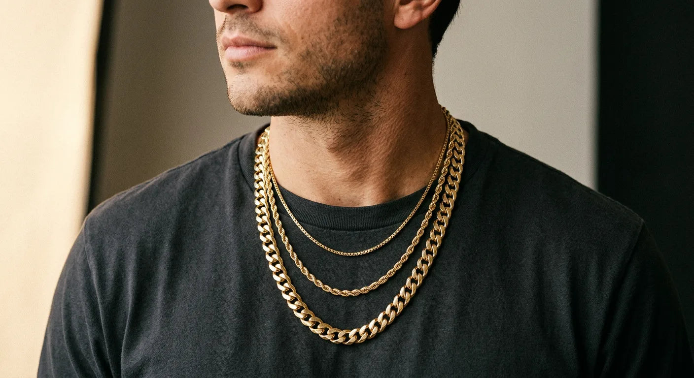 Perfect 3-chain gold stack showing thin box chain, medium rope chain, and bold Cuban link at graduated 18, 22, and 24-inch lengths
