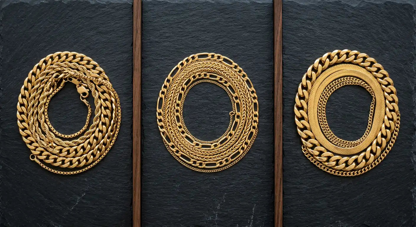 Three different gold chain stacking combinations shown in flat lay illustrating complementary chain type pairings