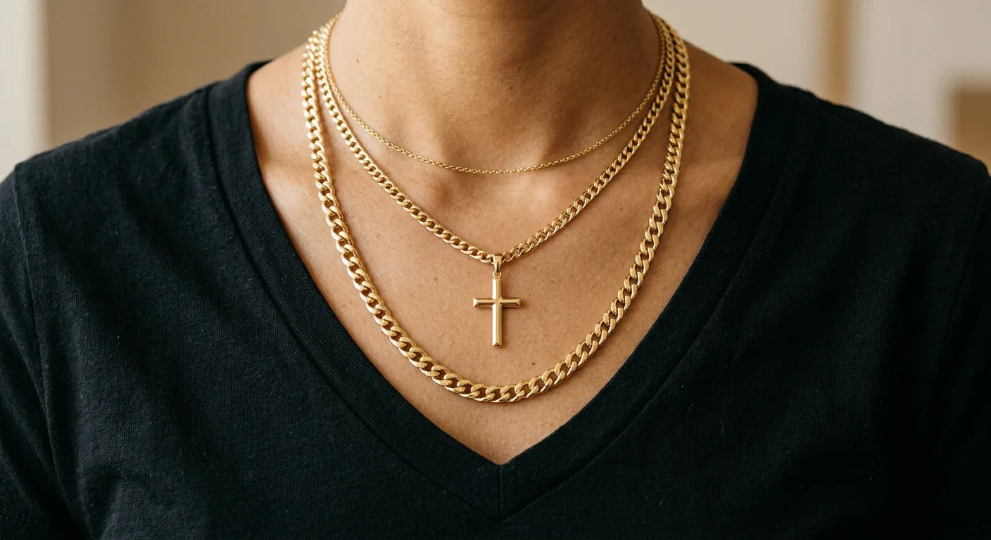 Gold chain stack with pendant integration showing three layered chains with cross pendant on middle chain as focal point