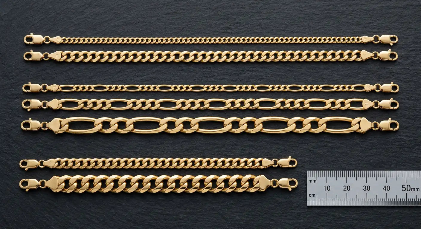 Gold chain width mixing guide showing three proportion combinations with measurements for balanced chain stacking