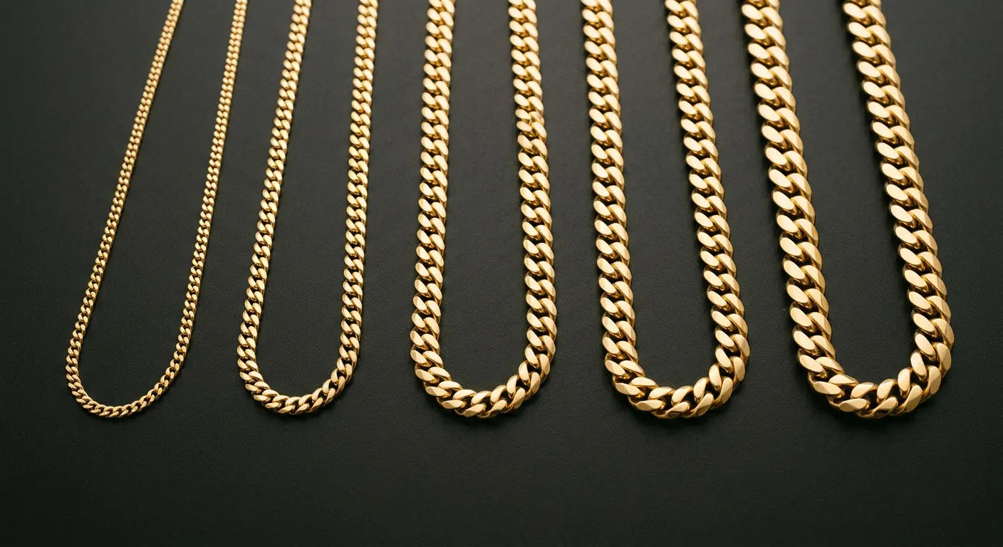 Cuban link chain width progression from 3mm to 14mm showing five different widths on dark surface