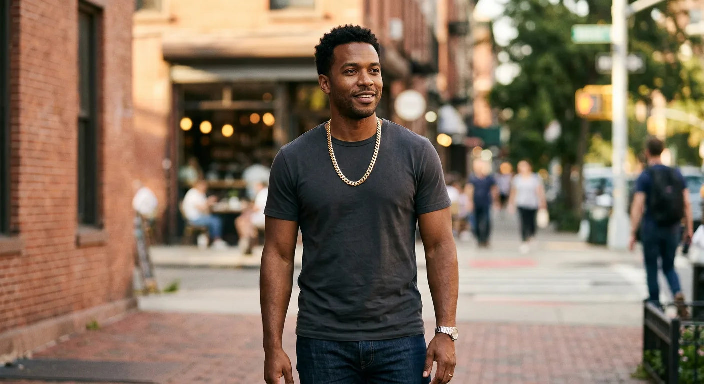 Man styling 8mm Cuban link chain casually with dark crew neck t-shirt showing effortless everyday gold jewelry wear