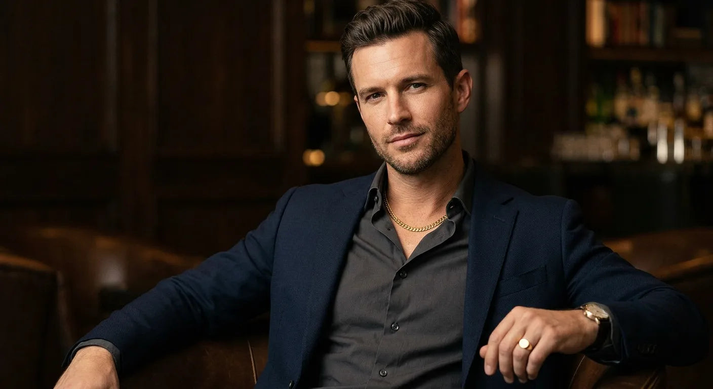 Man wearing 5mm Cuban link chain with formal dark button-up shirt showing subtle, sophisticated styling for dressy occasions