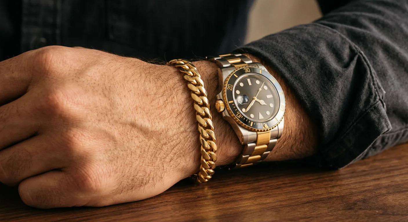 Gold Cuban link bracelet paired with luxury watch on wrist showing complementary jewelry and timepiece styling