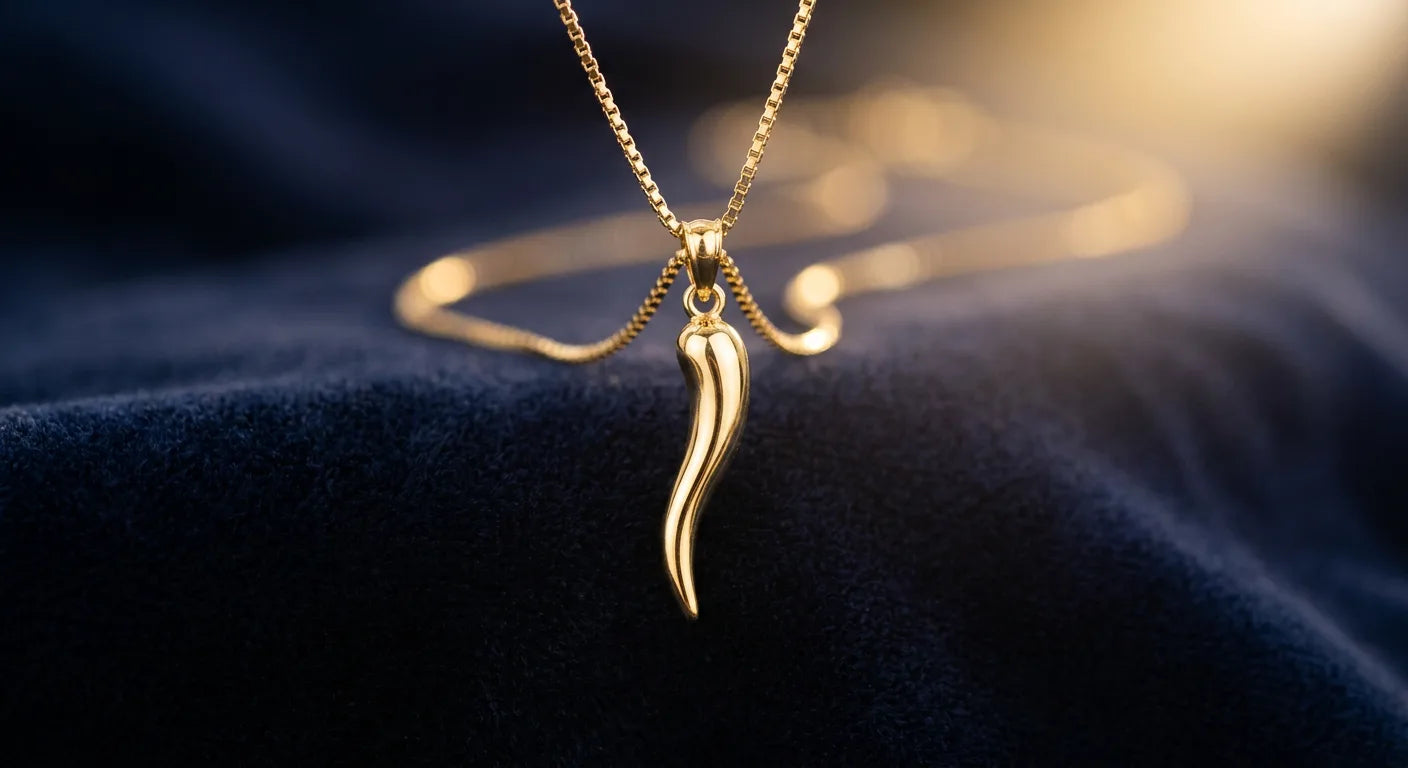 Classic solid 14K gold Italian horn cornicello pendant on delicate box chain displayed on dark velvet