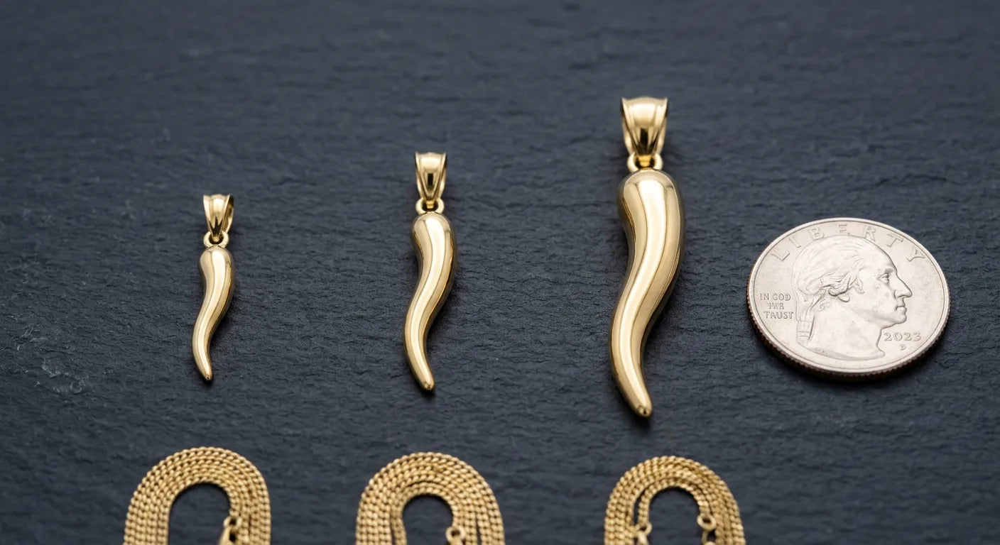 Three gold Italian horn pendants in small, medium, and large sizes arranged for size comparison with scale reference