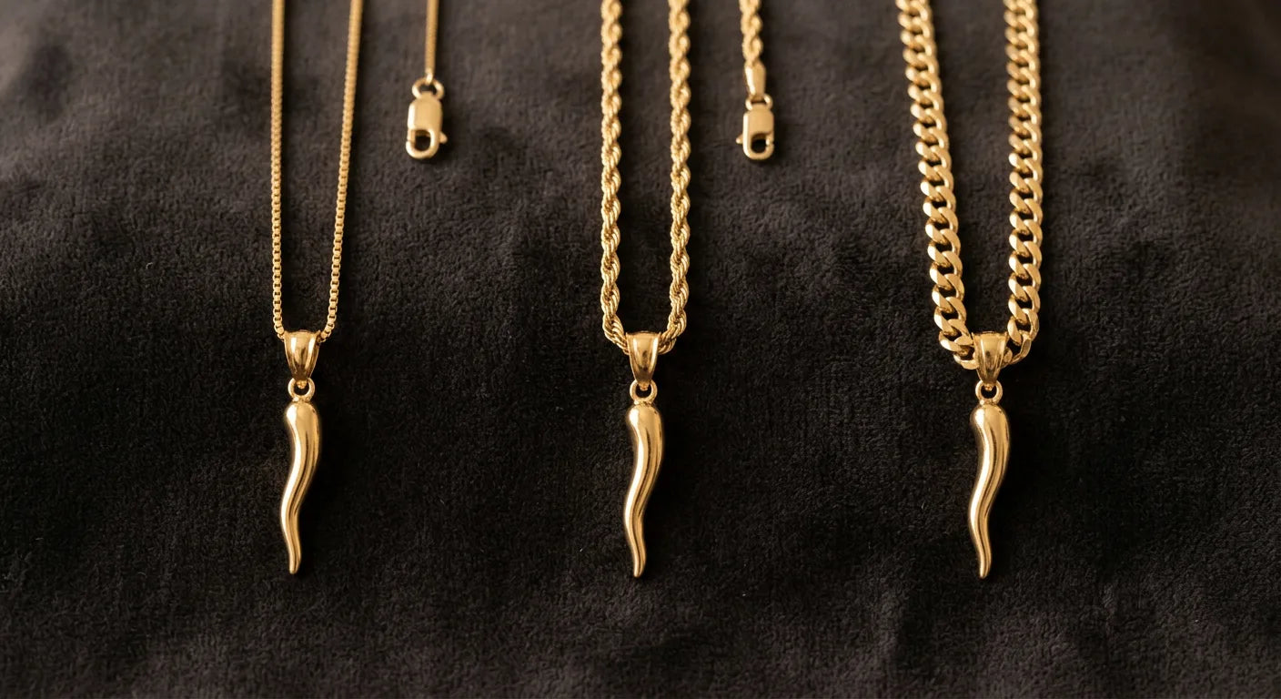 Gold Italian horn pendant shown on three different chain types: box chain, rope chain, and Cuban link chain for pairing comparison