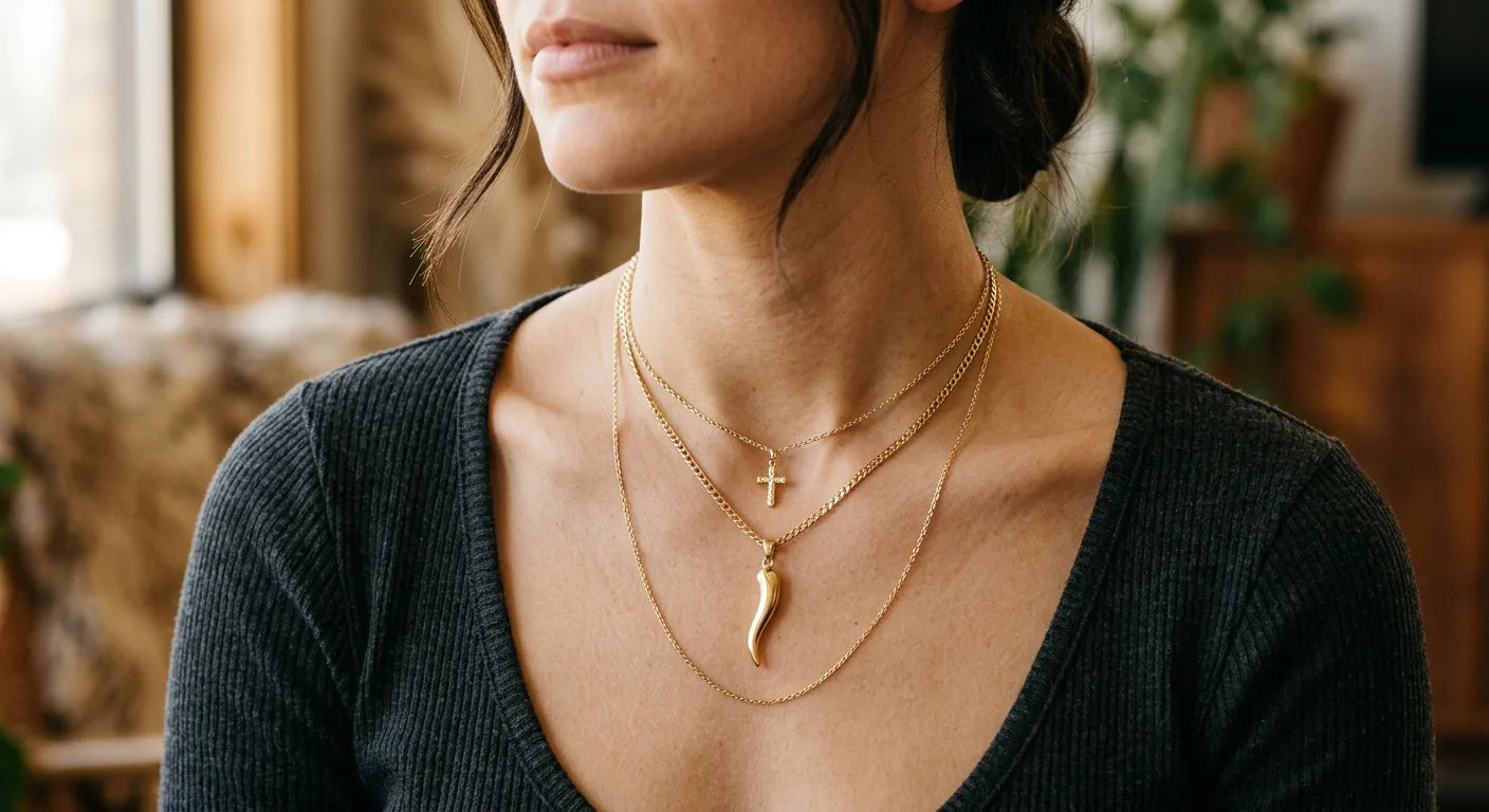 Layered gold pendant styling with Italian horn, cross, and plain chain at different lengths creating fashionable stacked look