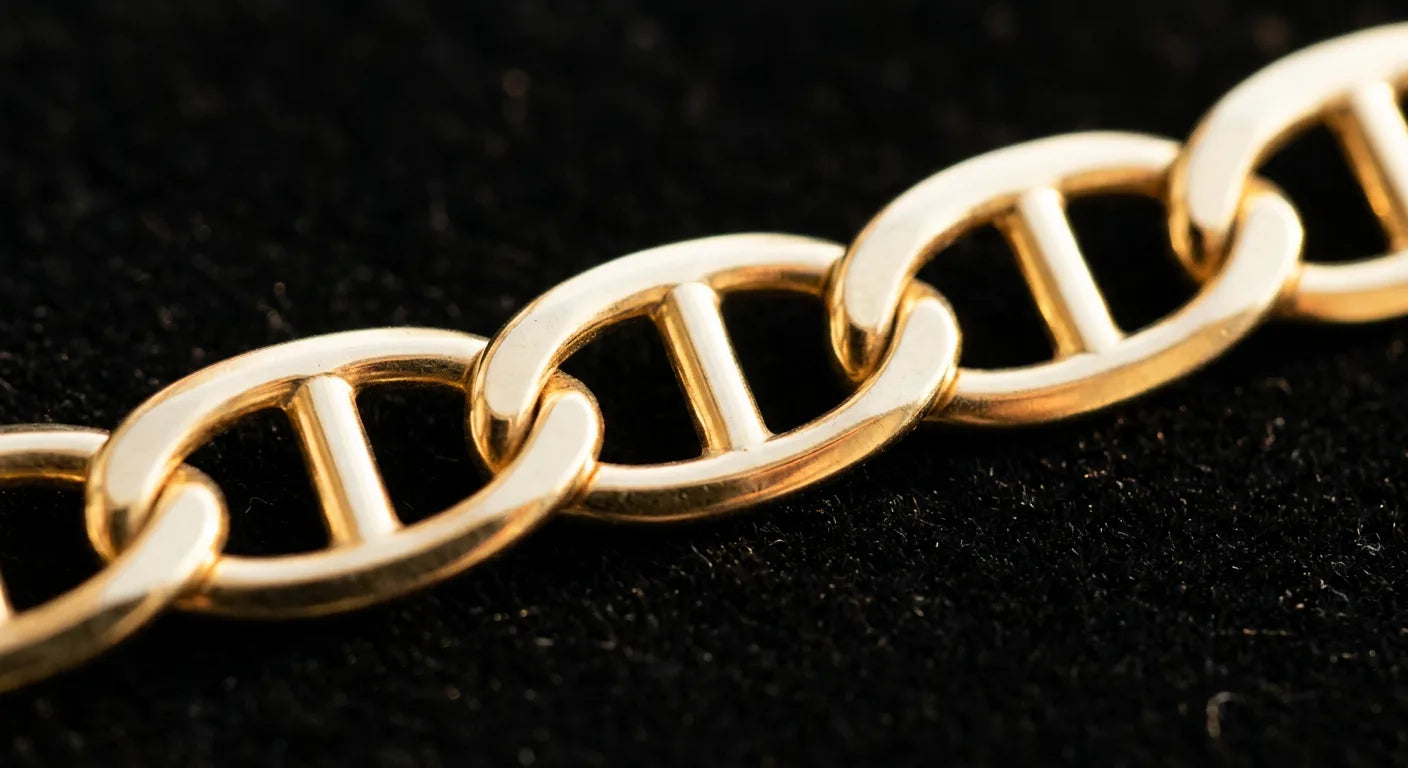 Extreme close-up of gold mariner chain showing distinctive oval links with center crossbar nautical anchor-inspired design