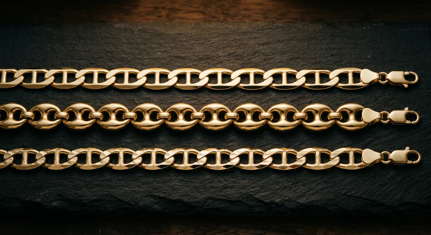 Three gold mariner chain variations compared: classic flat, puffed 3D, and diamond-cut styles showing different visual characters