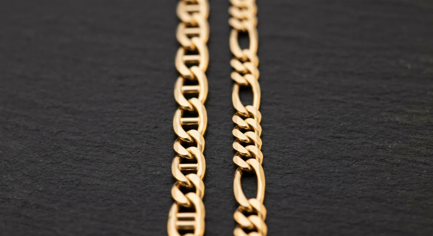Mariner chain versus figaro chain side by side showing center-bar oval links versus alternating short and long link pattern