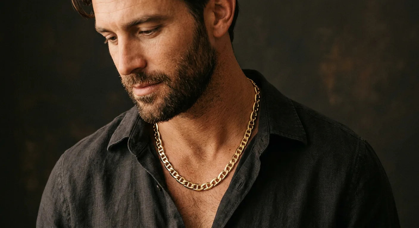 Man wearing 7mm gold mariner chain with open-collar shirt showing nautical-inspired styling with distinctive center-bar link pattern