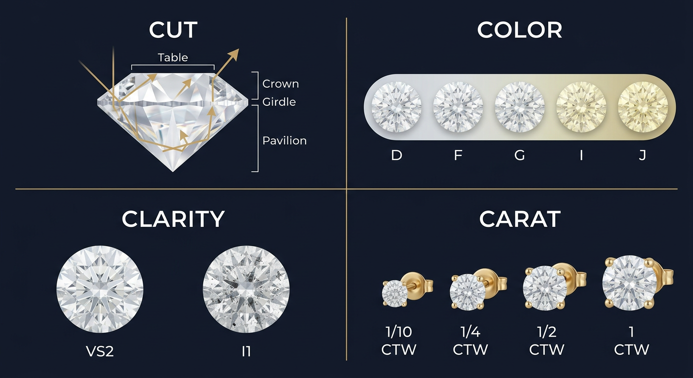 Educational diagram showing diamond cut, color, clarity, and carat weight grading scales for earring selection