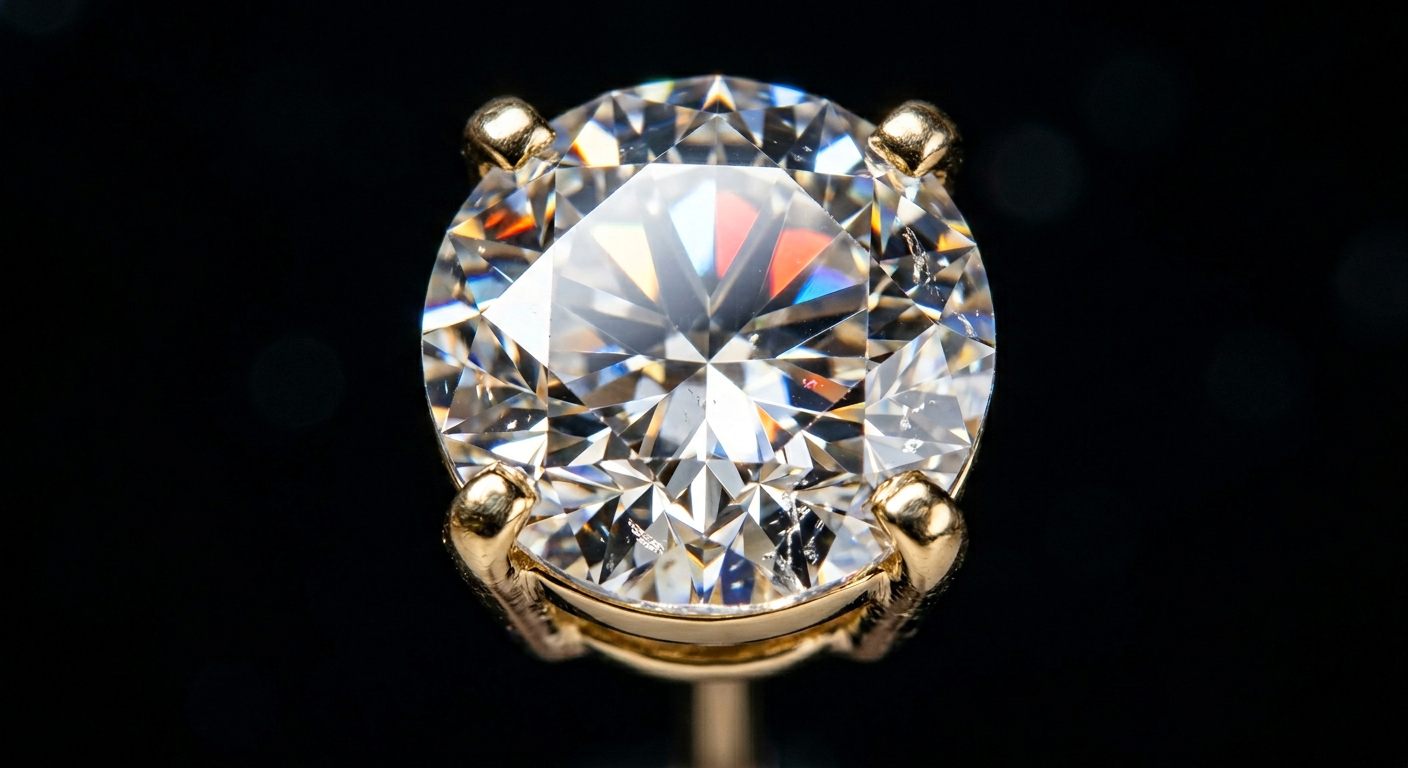 Close-up macro photograph of a diamond stud earring in gold prong setting showing brilliant light refraction