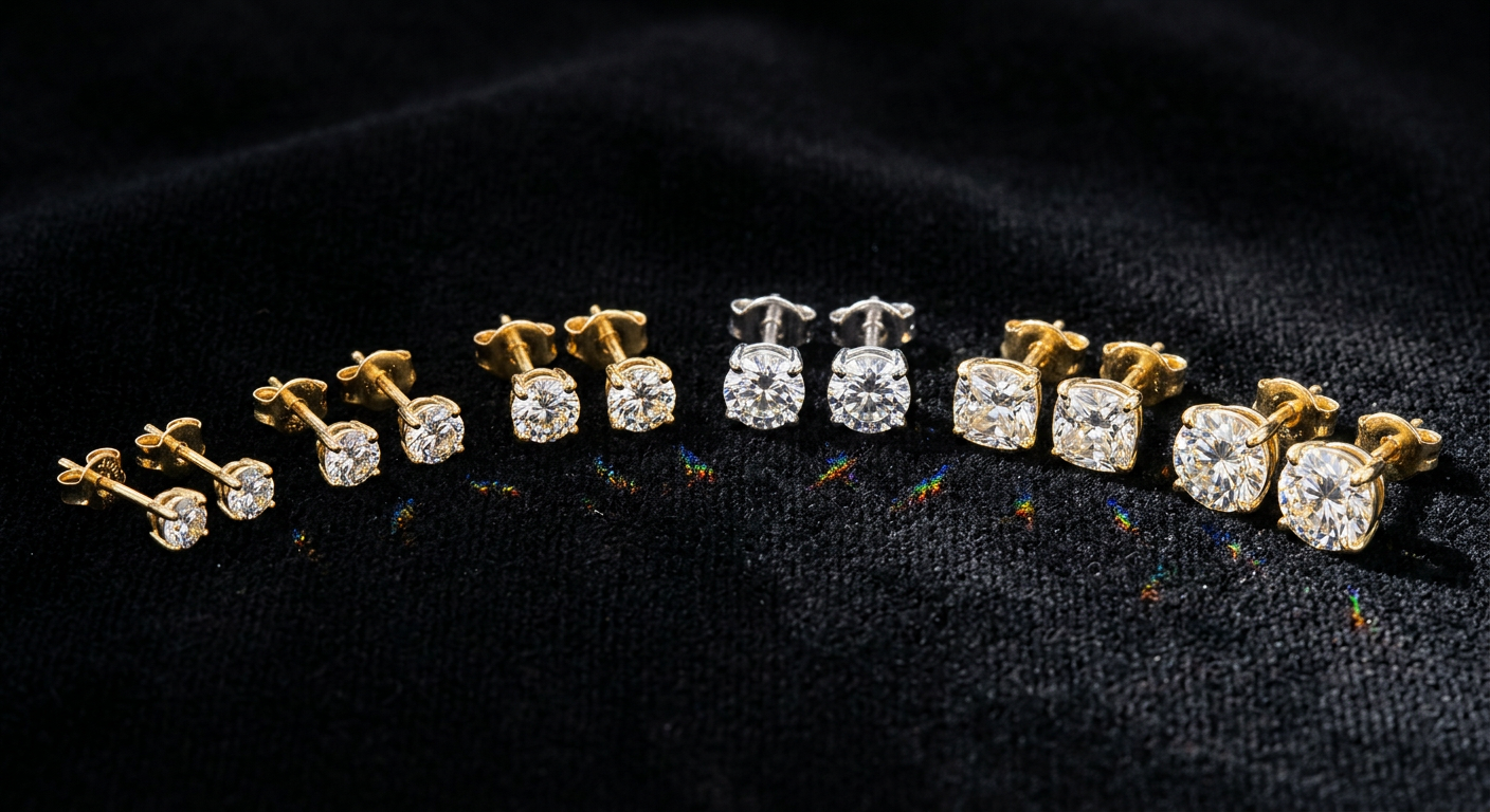 GOLDZENN diamond stud earring collection displayed in various sizes on dark jewelry presentation surface