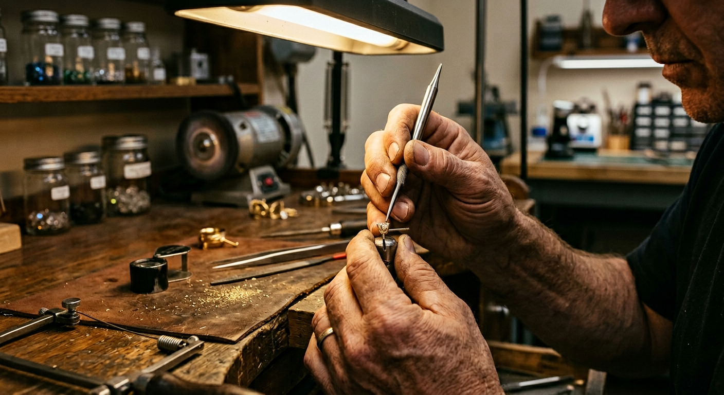 GOLDZENN Miami jewelry workshop with jeweler setting a diamond into a gold earring stud
