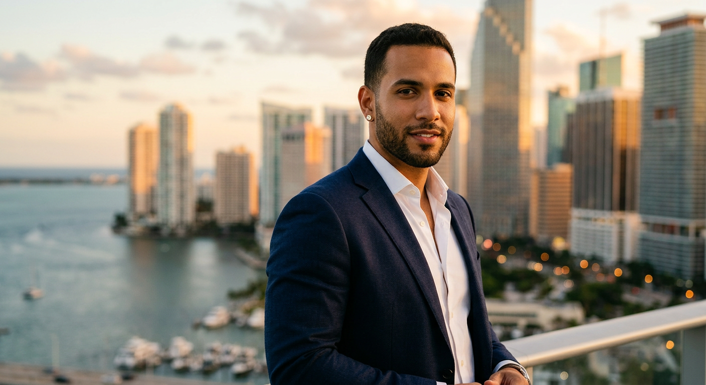 Man wearing gold diamond stud earring with Miami cityscape in background