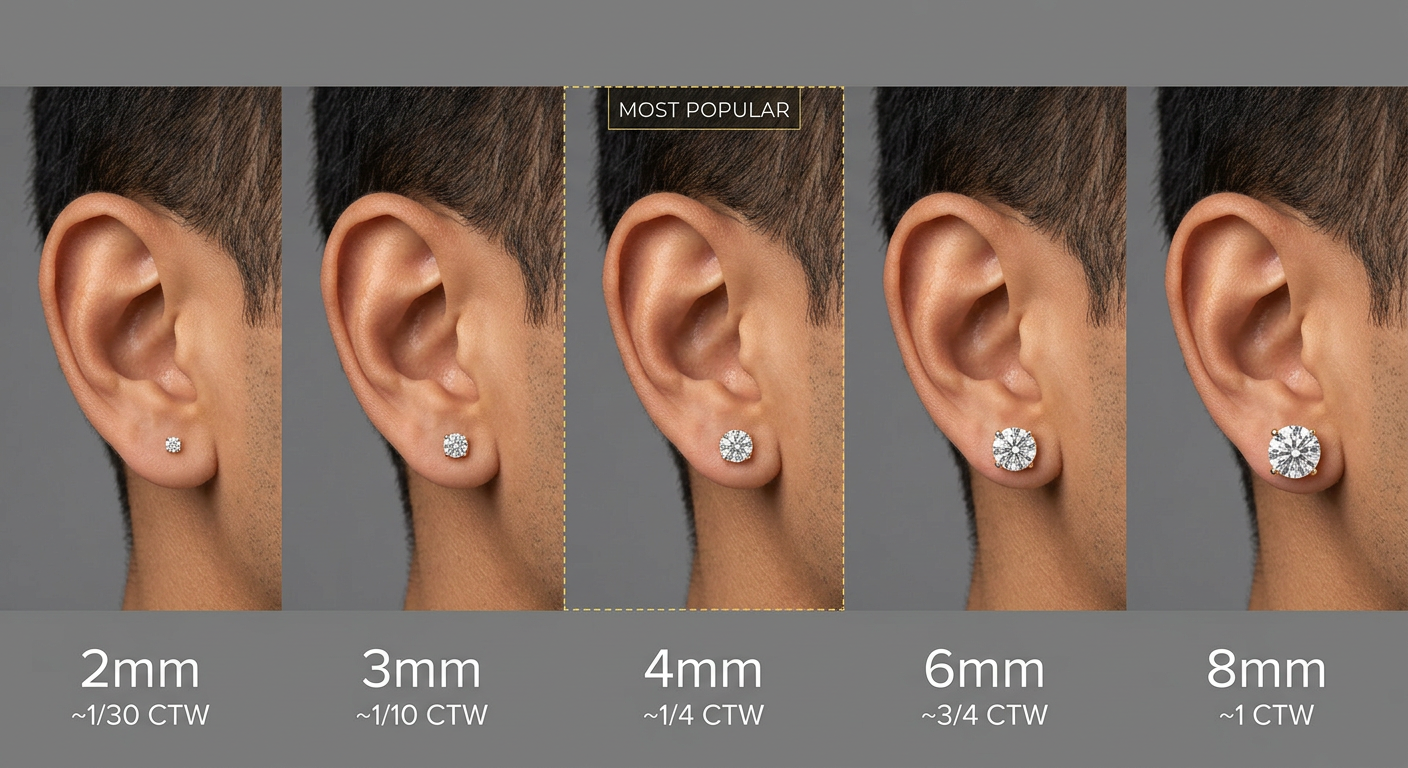 Visual comparison showing different diamond stud earring sizes from 2mm to 8mm on a male ear