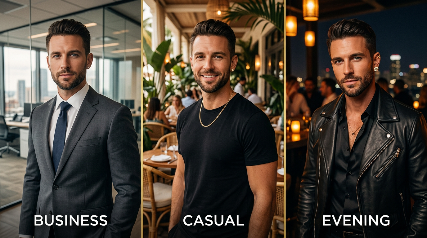 Man styled for different occasions showing appropriate earring choices for business, casual, and evening wear