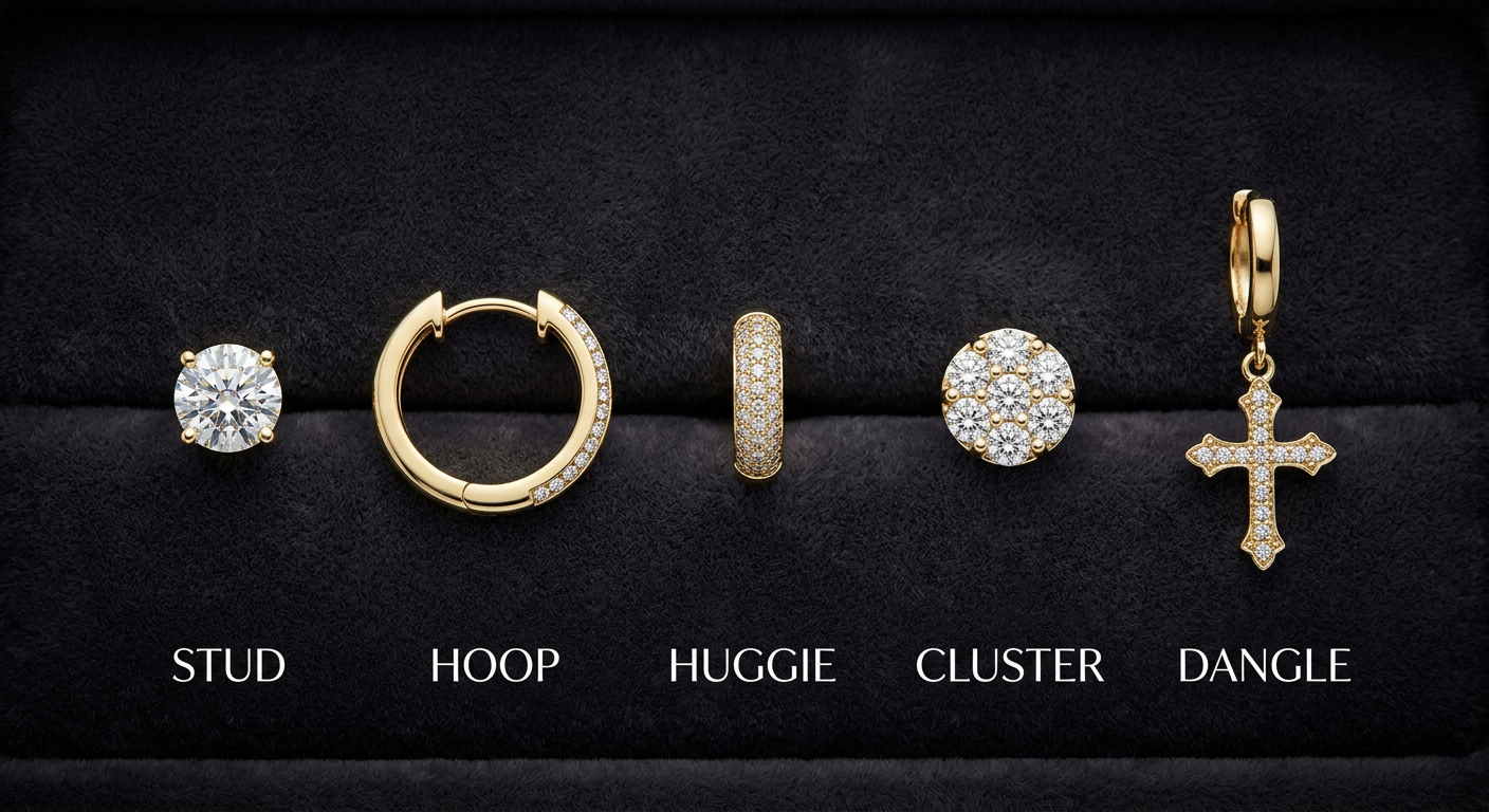 Visual comparison of five men's earring styles including stud, hoop, huggie, cluster, and dangle earrings