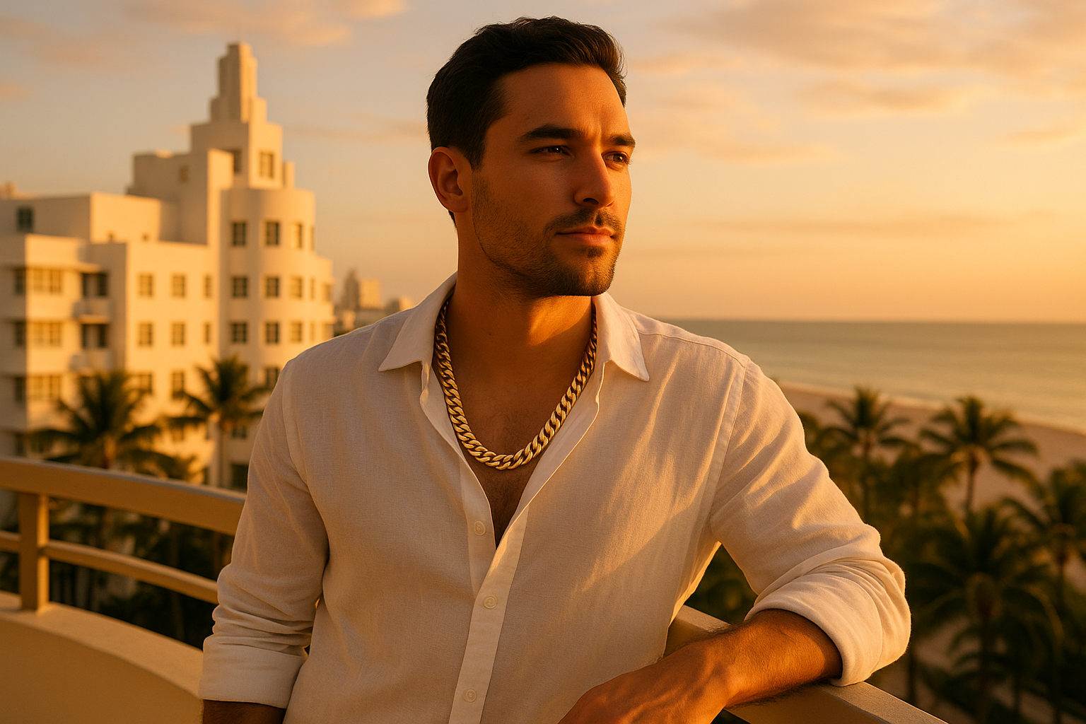 Miami style: gold Cuban link chain with open-collar linen shirt, ocean background