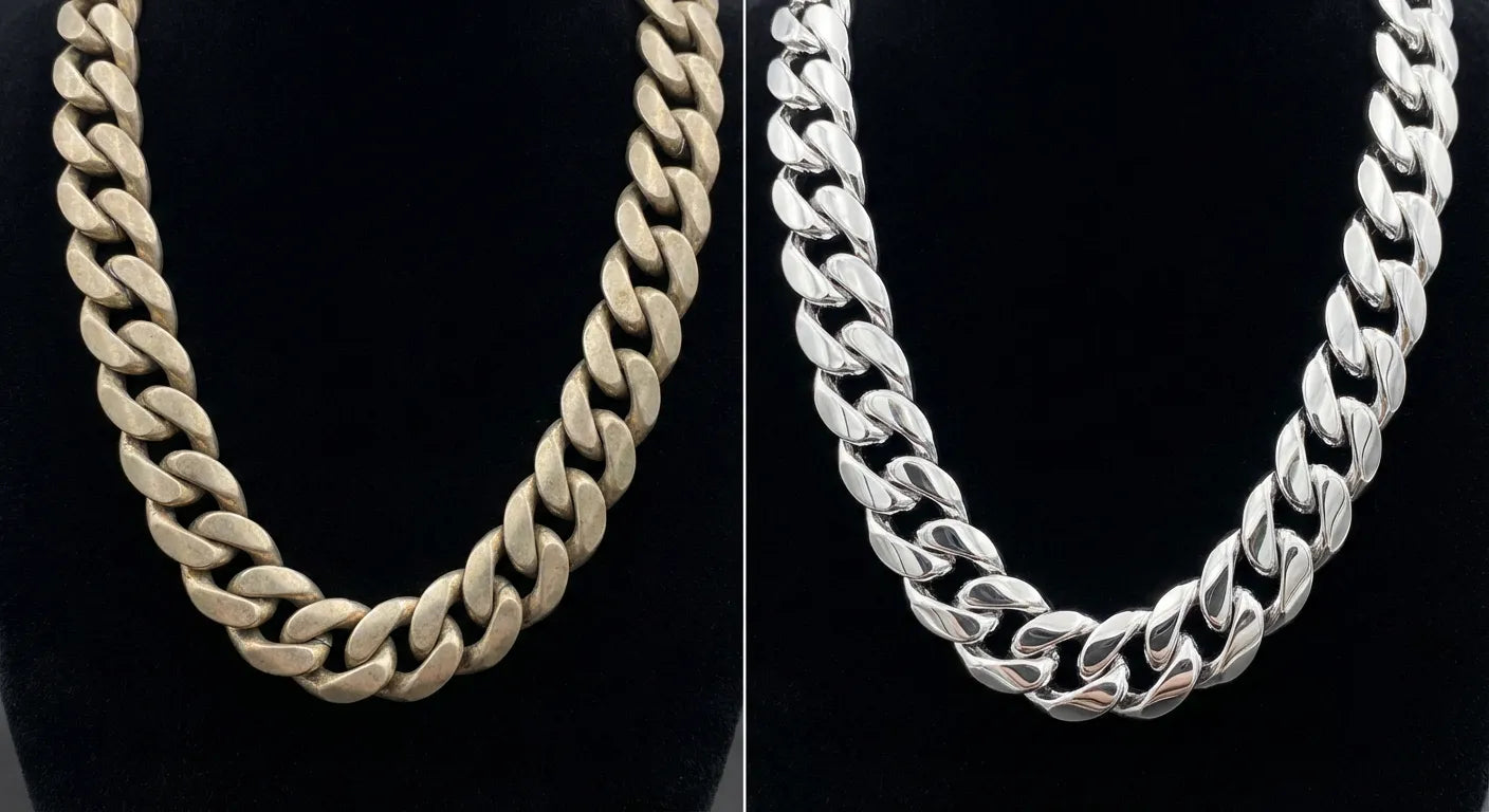 Rhodium plating before and after comparison on a silver Cuban link chain showing the dramatic transformation from tarnished gray to brilliant mirror-like white finish