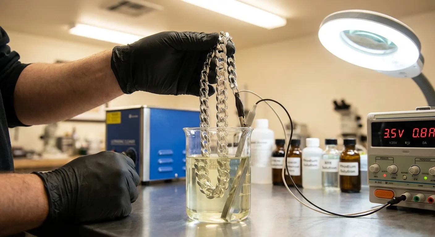 Professional rhodium electroplating process showing a silver chain being dipped into rhodium plating solution in a jewelry workshop