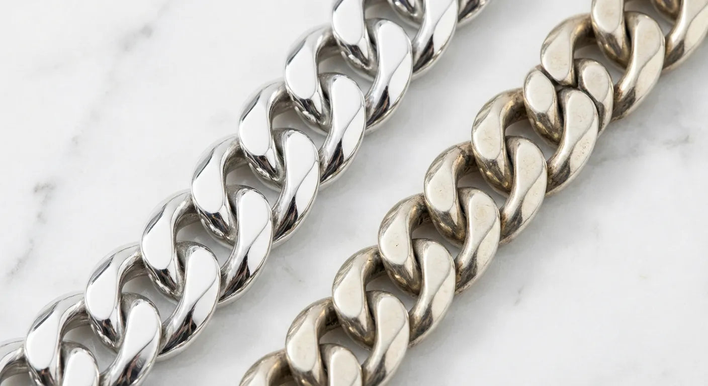 Close-up comparison of rhodium-plated silver chain versus unplated sterling silver chain showing the difference in shine, color tone, and surface quality