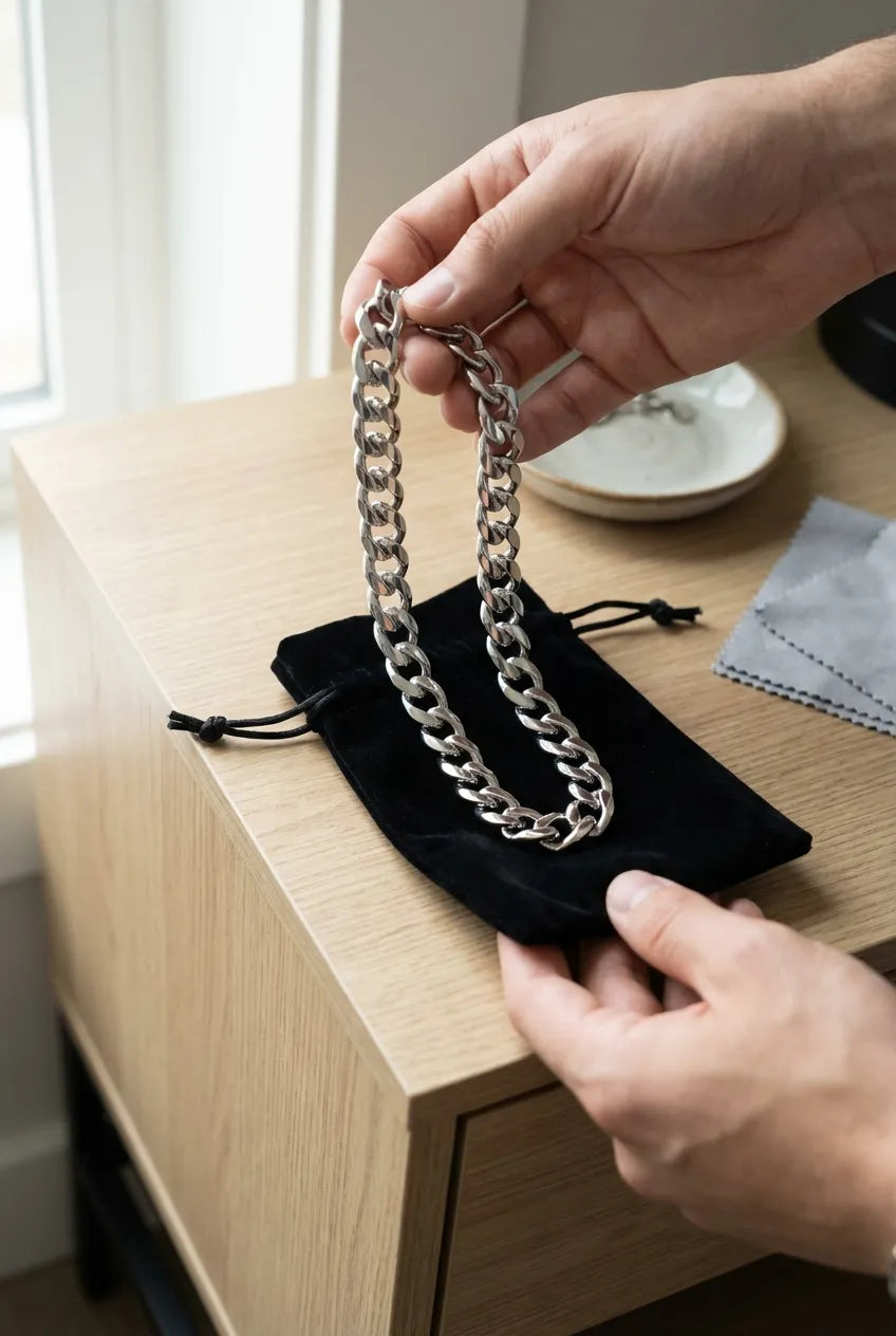 Person carefully placing a rhodium-plated silver Cuban link chain into a soft jewelry pouch for proper storage