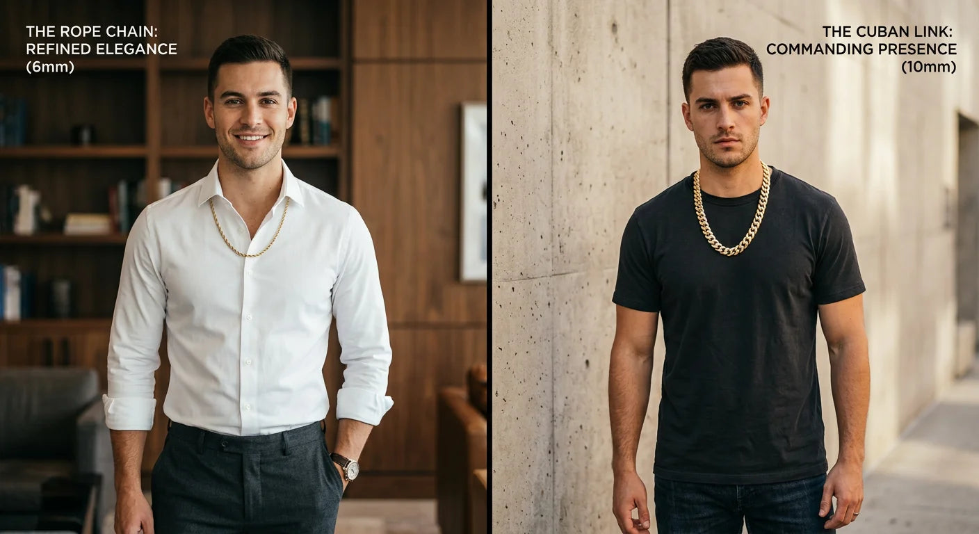 Rope chain with formal shirt versus Cuban link chain with casual outfit showing different styling versatility of each chain type