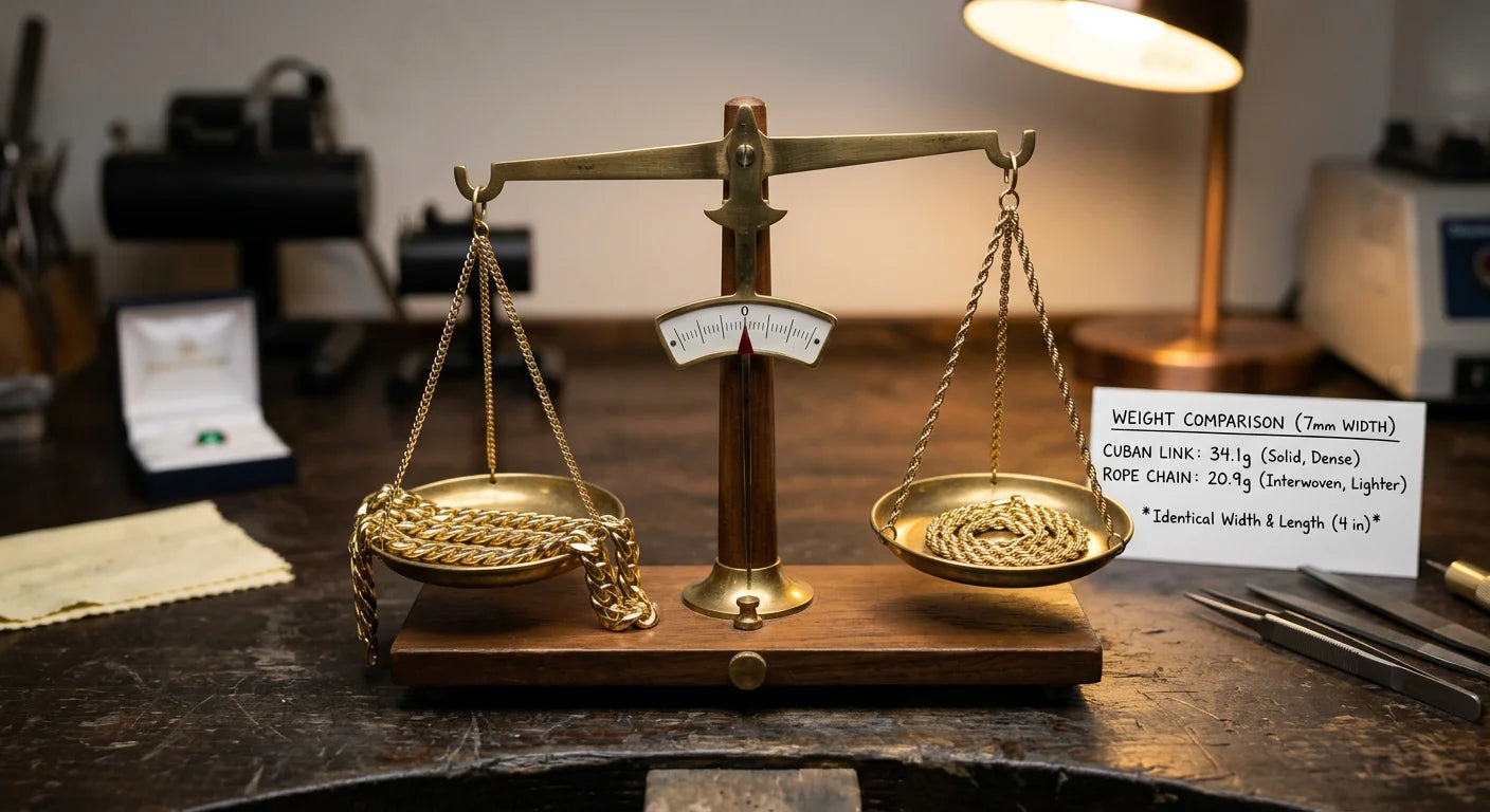Jewelers scale comparing weight of Cuban link chain versus rope chain showing Cuban link is heavier at same width and length