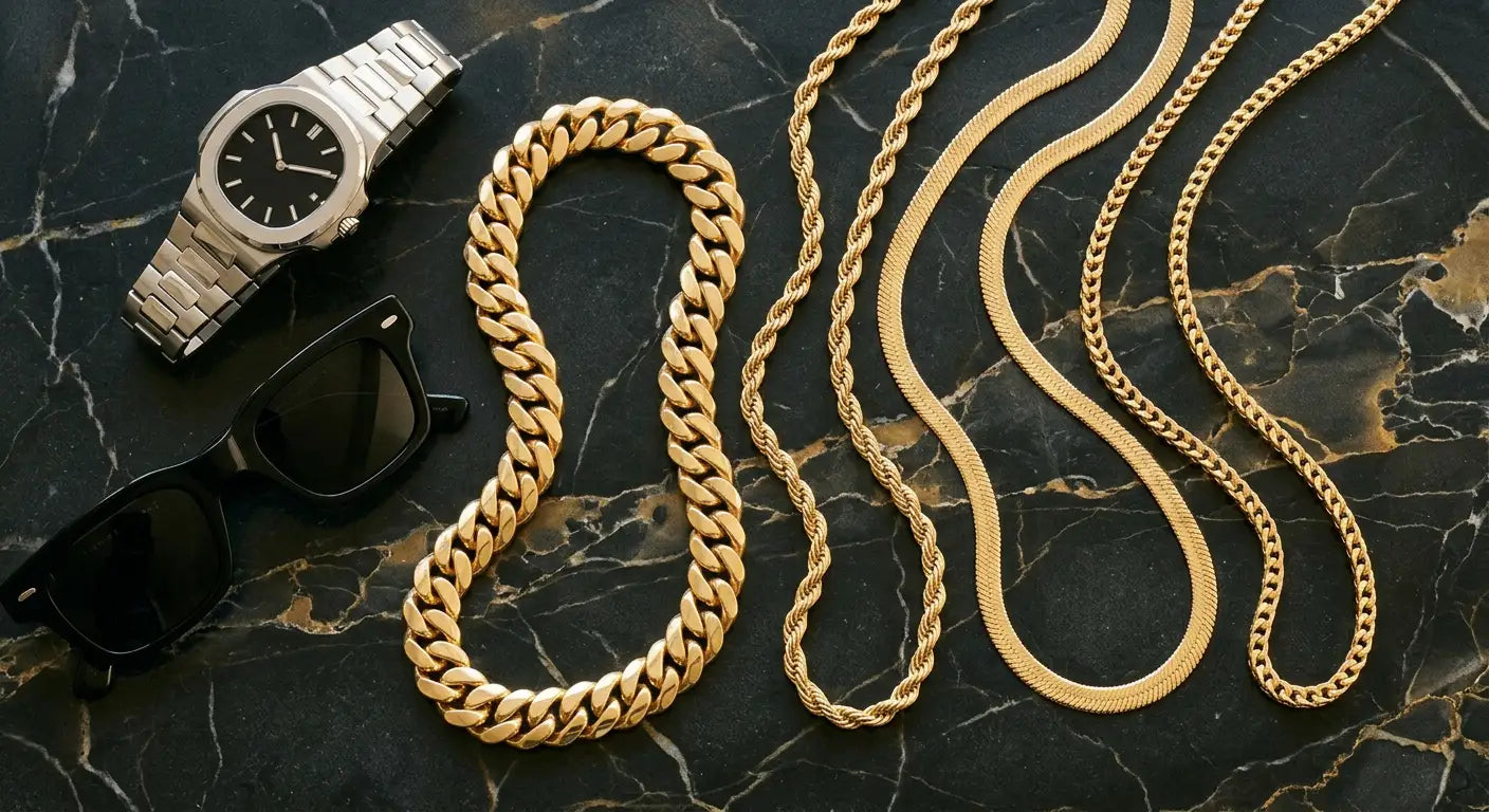 Trending gold chain styles for 2026 including Cuban link, rope, herringbone, and Franco chains styled with modern accessories